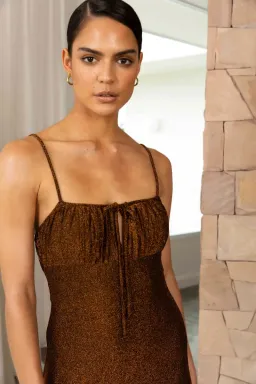 Misha Pearl Midi Dress in Copper Brown Size 8 for rent on The Volte - image 3