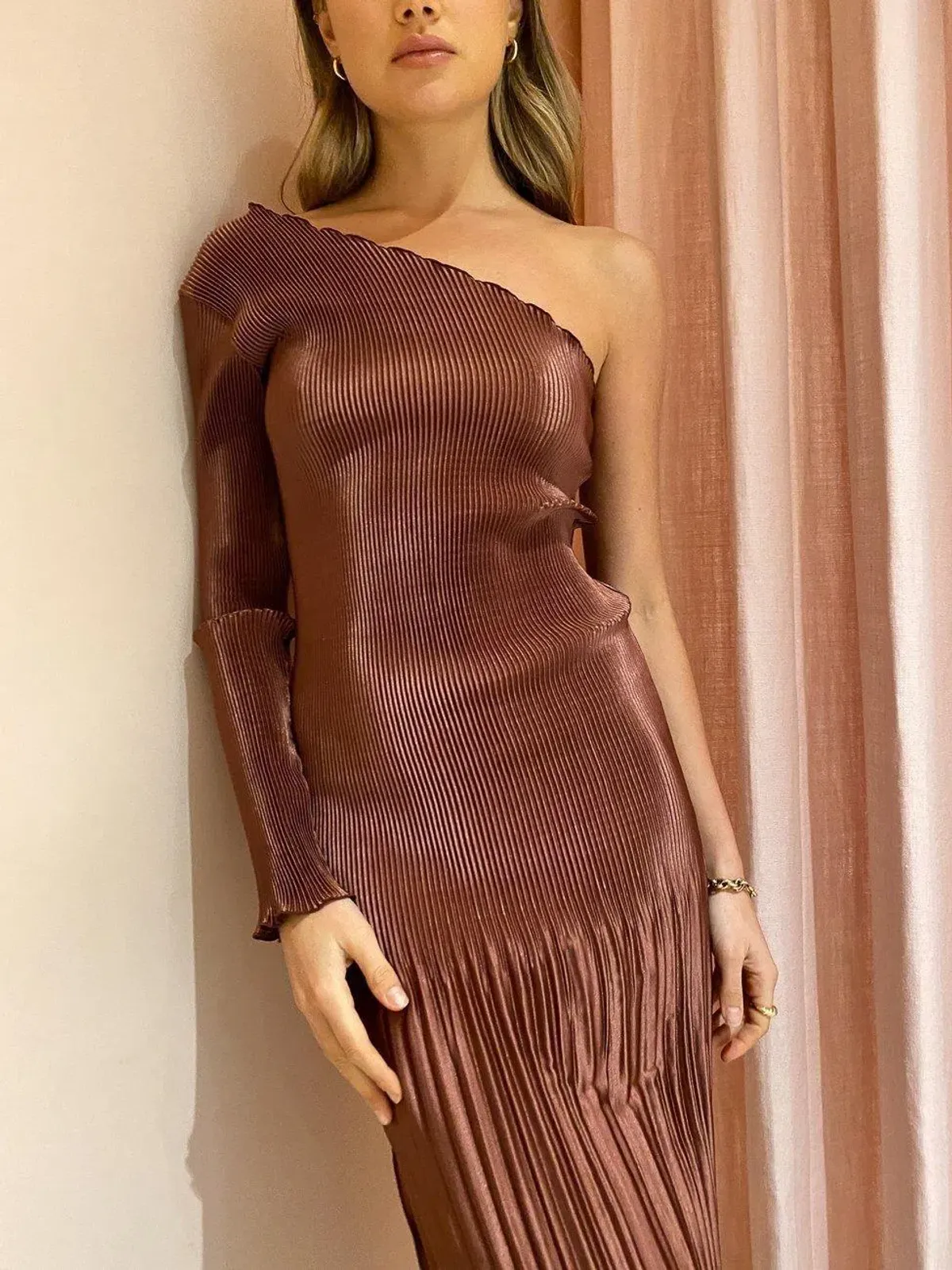 L'Idee Soiree One Shoulder L/S Dress Brown Size 6 - Image 7