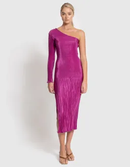L'Idee Soiree One Shoulder Long Sleeve Dress Magenta Size 8  for rent on The Volte - image 1