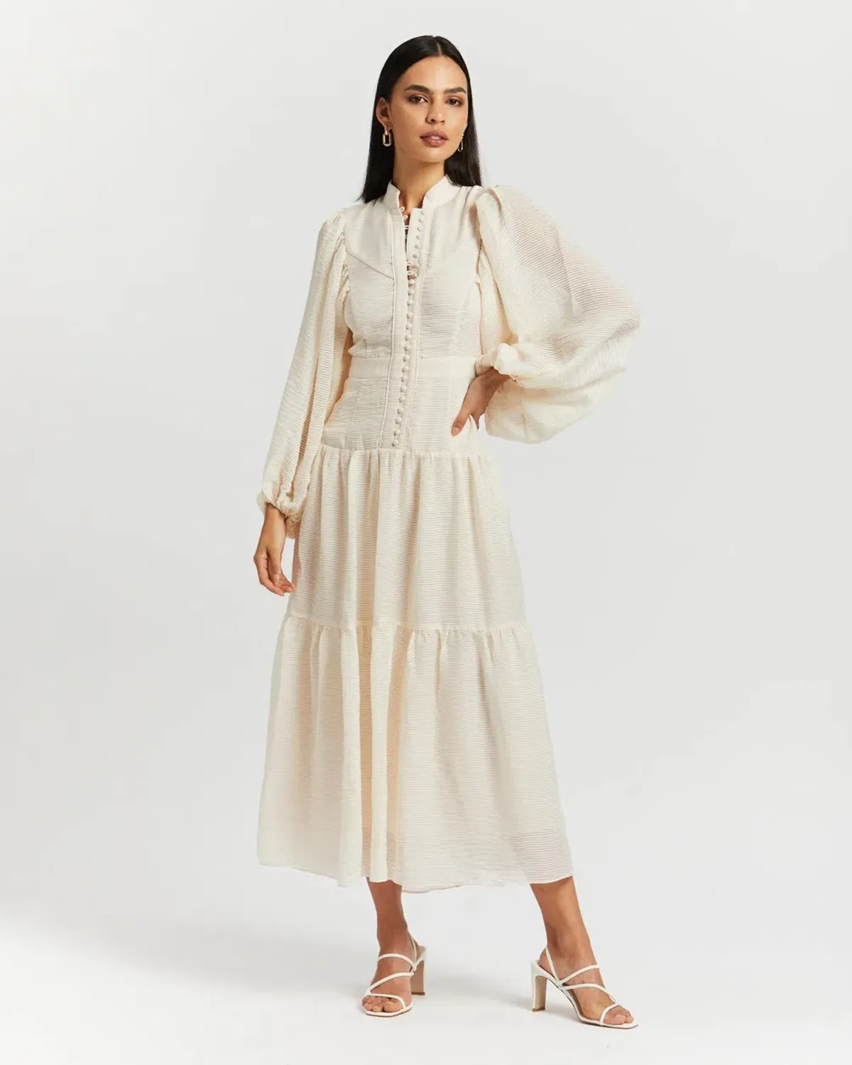 Shona Joy Charlotte High Neck Midi Dress Ecru Cream Size 14 - Image 1