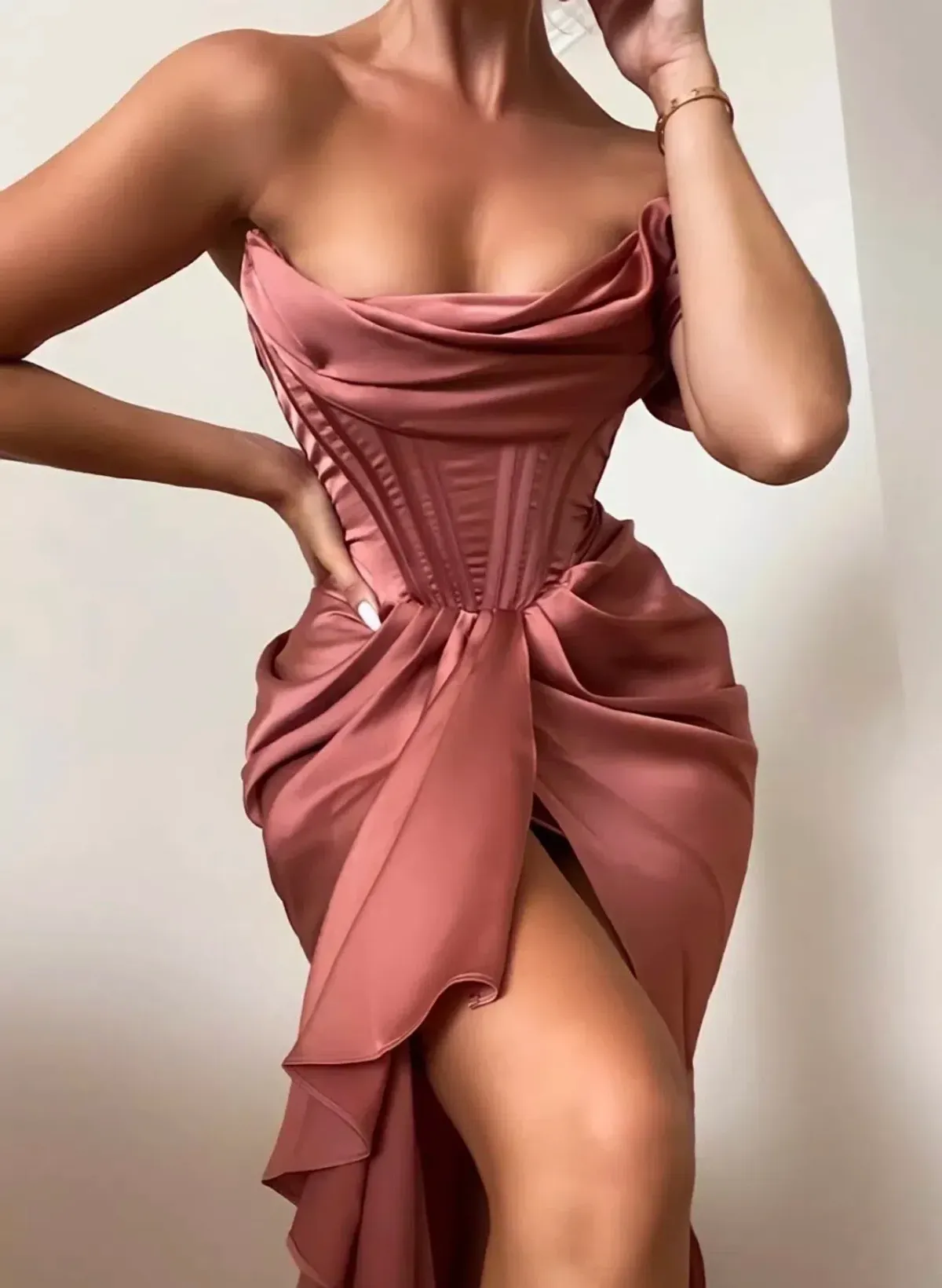 House of CB Janis Rouge Satin One-Shoulder Draped Midi Dress Pink Size 8 - Image 6