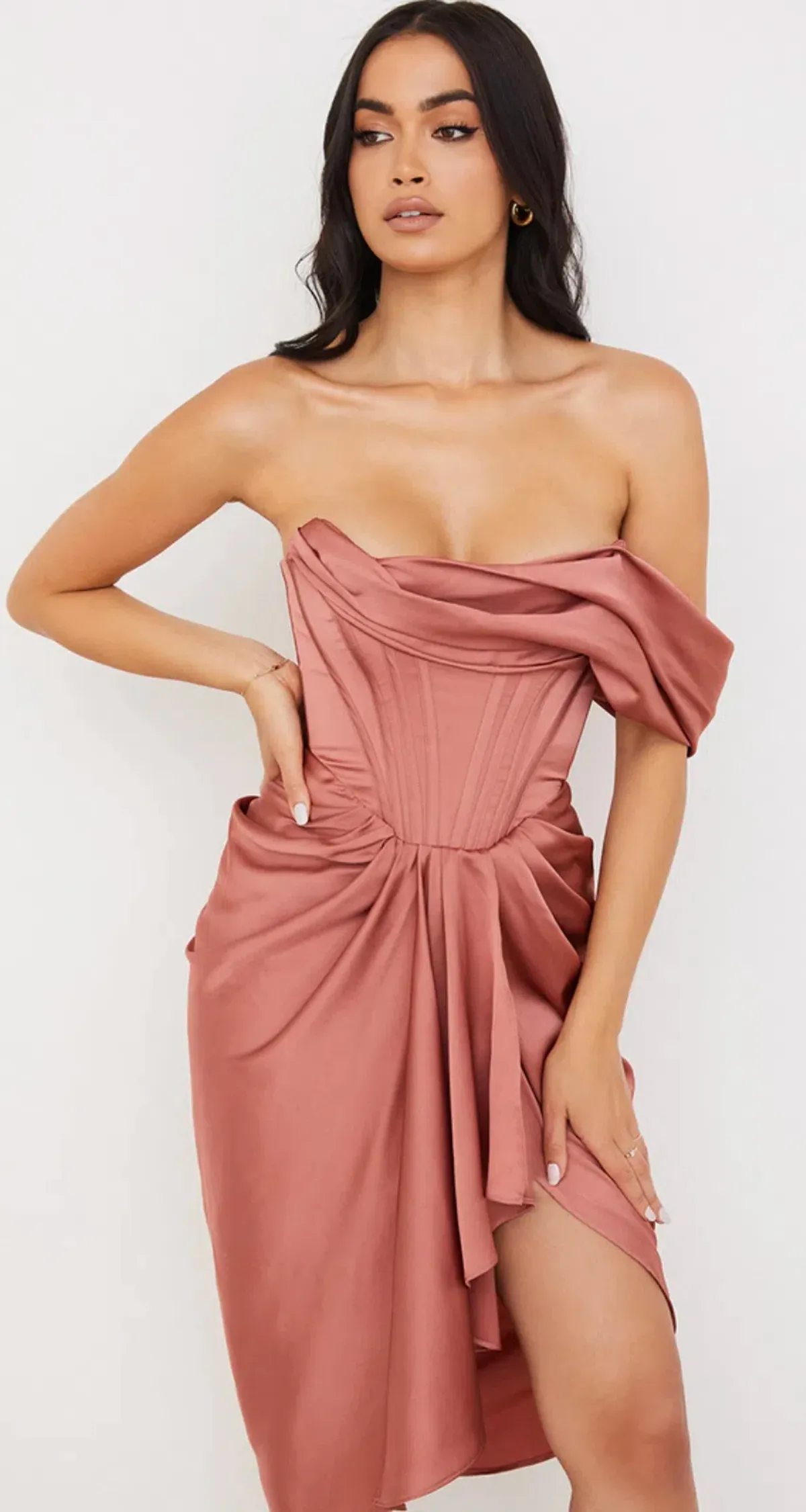 House of CB Janis Rouge Satin One-Shoulder Draped Midi Dress Pink Size 8 - Image 7