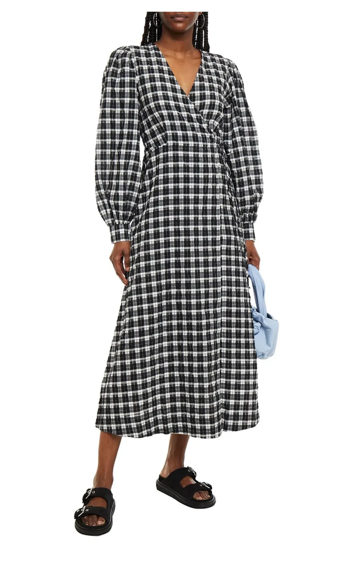 Ganni Seersucker Check Wrap Dress Print Size 8 - Image 1