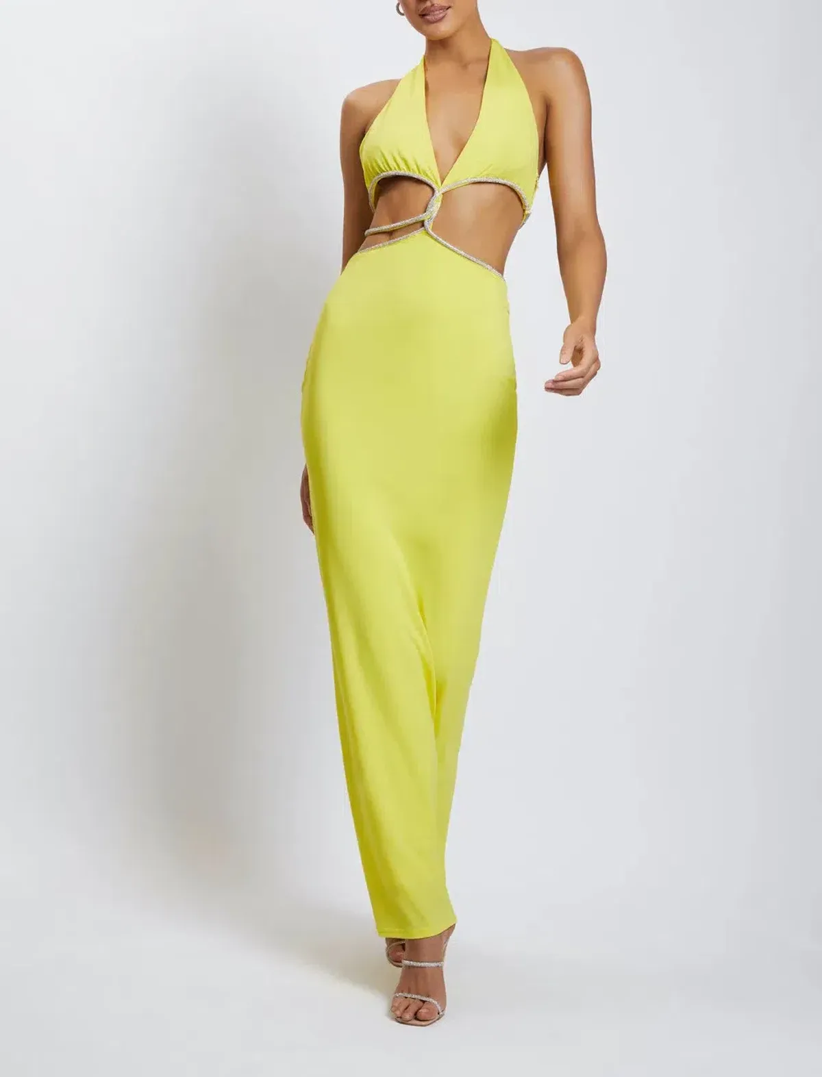 Meshki Nicha Diamante Cut Out Midi Dress Yellow Size 10 - Image 1