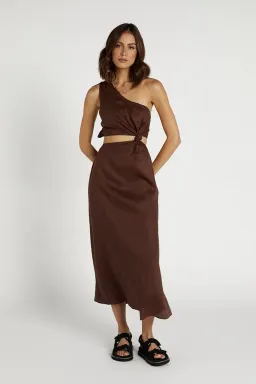 Dissh Keating Choc Linen Knot Mini Dress Brown Size S for rent on The Volte - image 1