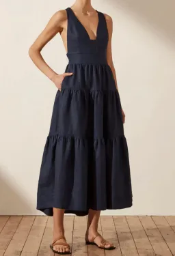 Shona Joy LIGIA LINEN PLUNGED CROSS BACK MIDI DRESS - NAVY for rent on The Volte - image 3