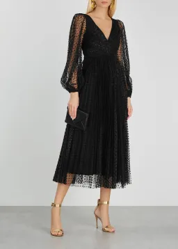 Zimmermann Lucky Pleated Flocked Tulle Midi Dress Black Size 1 / Au 10 for rent on The Volte - image 1