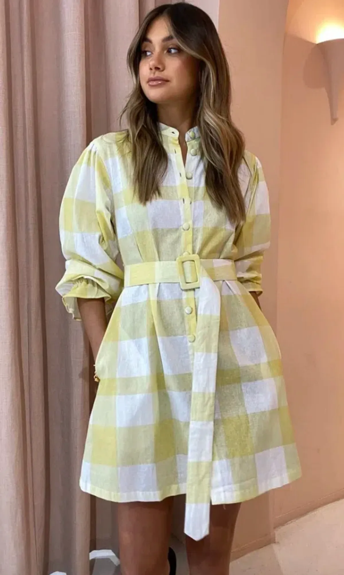 Ambra Maddalena Sammie Smock Dress in Lemon Checkers Print Size 8 - Image 4