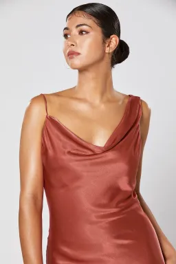 Winona Cara Asymmetric Satin Midi Dress in Copper Brown Size XS for rent on The Volte - image 3