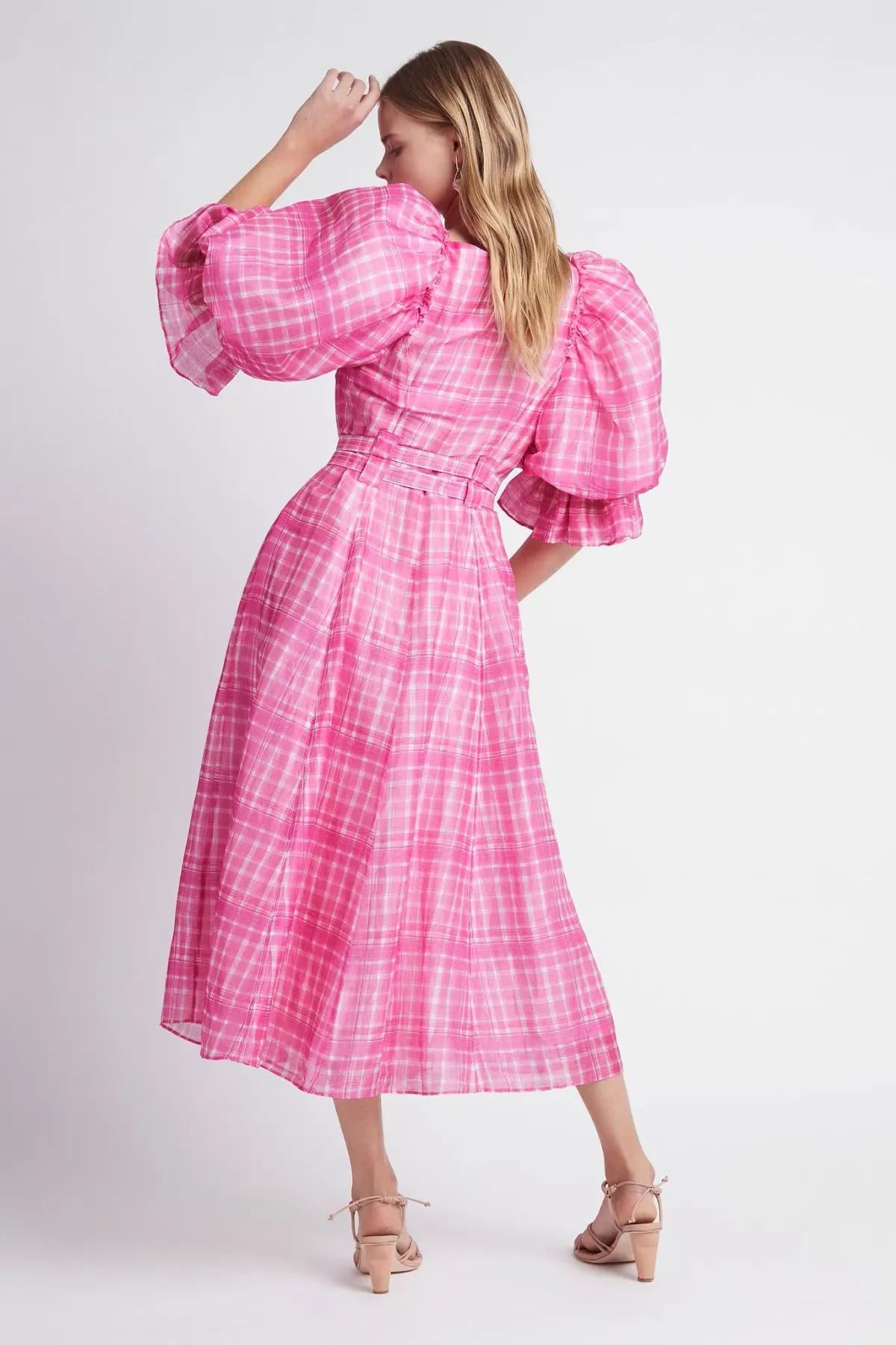 Aje Bungalow Midi Dress in Pink Check Print Size 6 - Image 3