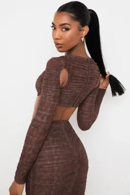 House of CB Blythe Chocolate Print Ruched Mesh Cut Out Cropped Top & Laverne Chocolate Print Ruched Maxi Skirt Brown Size 6 for rent on The Volte - image 3