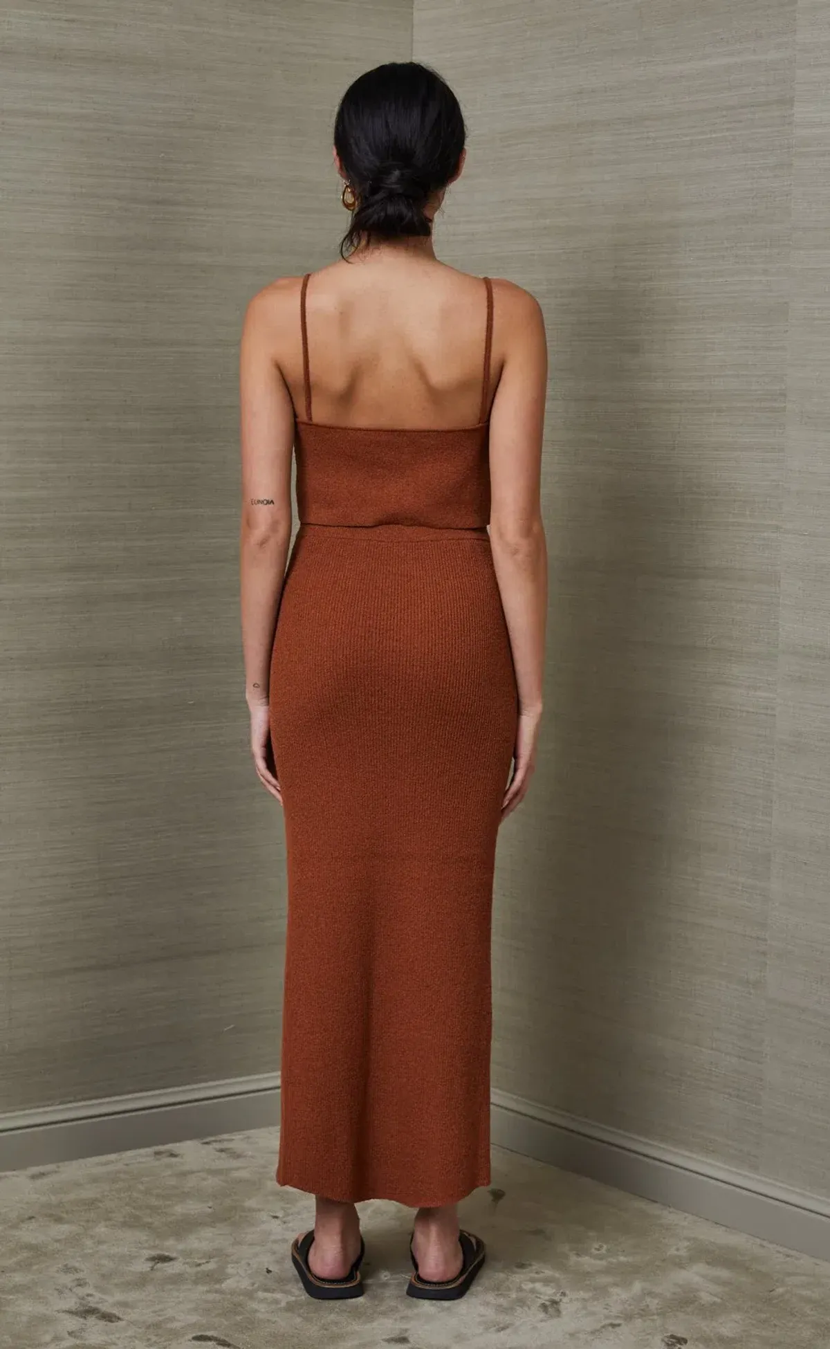 Bec & Bridge Bowie Knit Crop and Midi Skirt Set Rust Brown Size 6 - Image 4