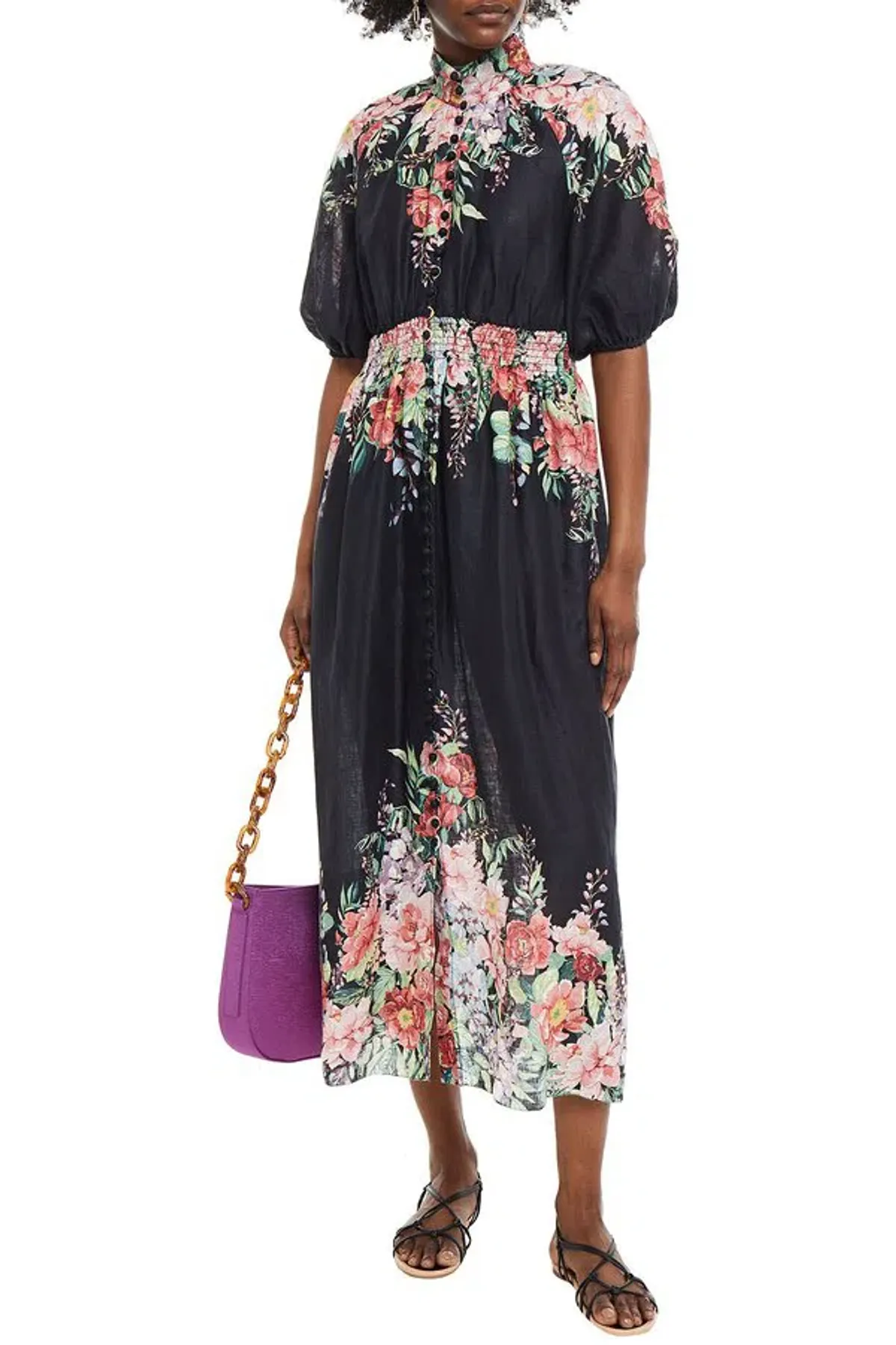 Zimmermann Bellitude Shirred Waist Midi Dress in Dark Navy Floral Size 0 / AU 8  - Image 3