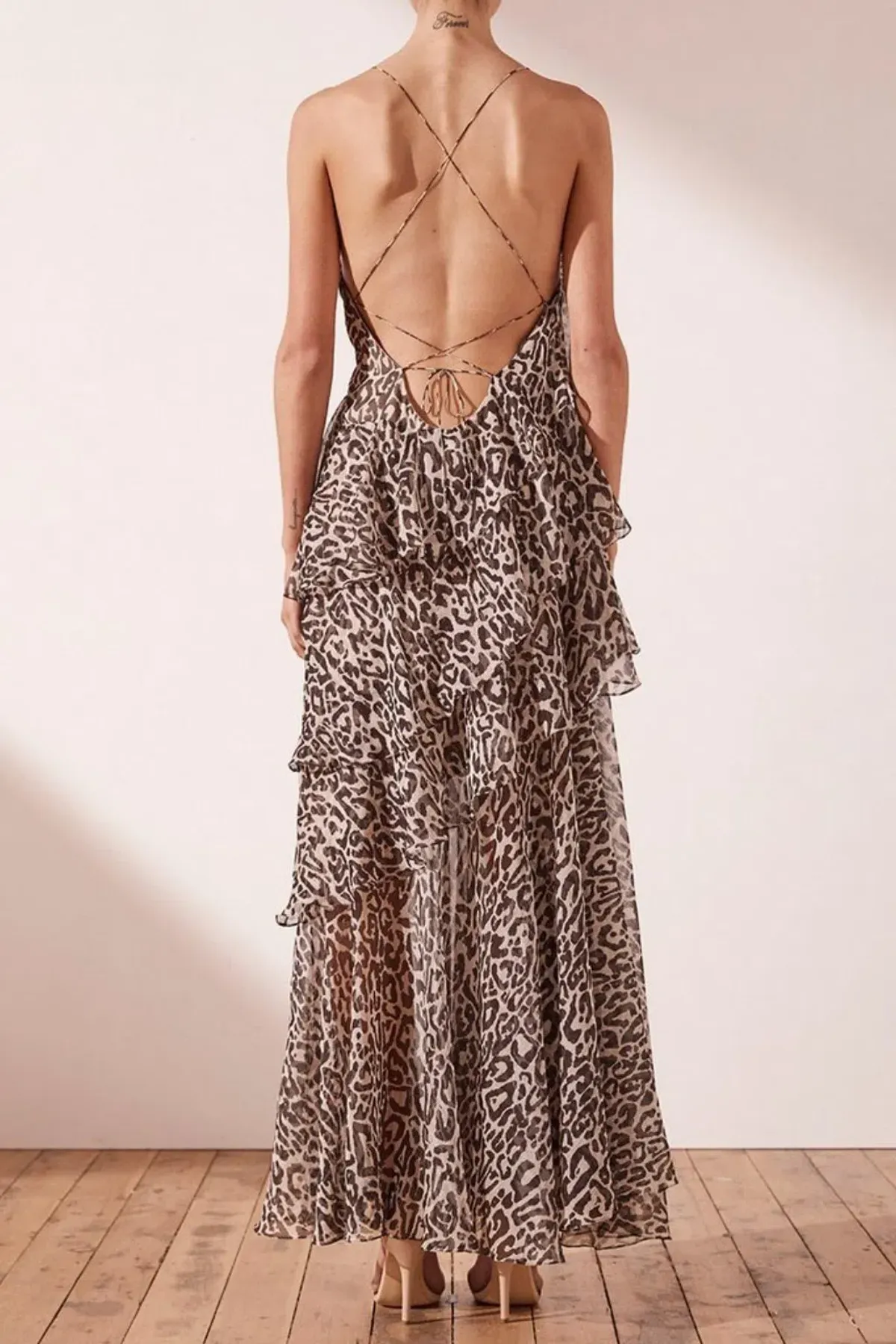 Shona Joy Mariposa Cross Back Maxi Dress Leopard Print Size 10 - Image 3