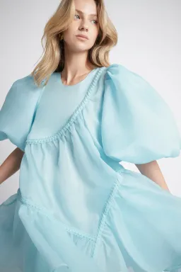 Aje Riviera Asymmetric Braided Puff Sleeve Smock Dress Blue Size 10  for rent on The Volte - image 2