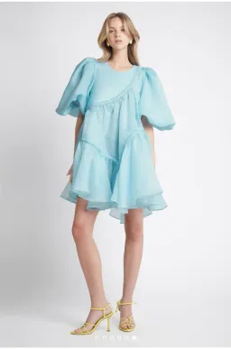Aje Riviera Asymmetric Braided Puff Sleeve Smock Dress Blue Size 10  for rent on The Volte - image 1