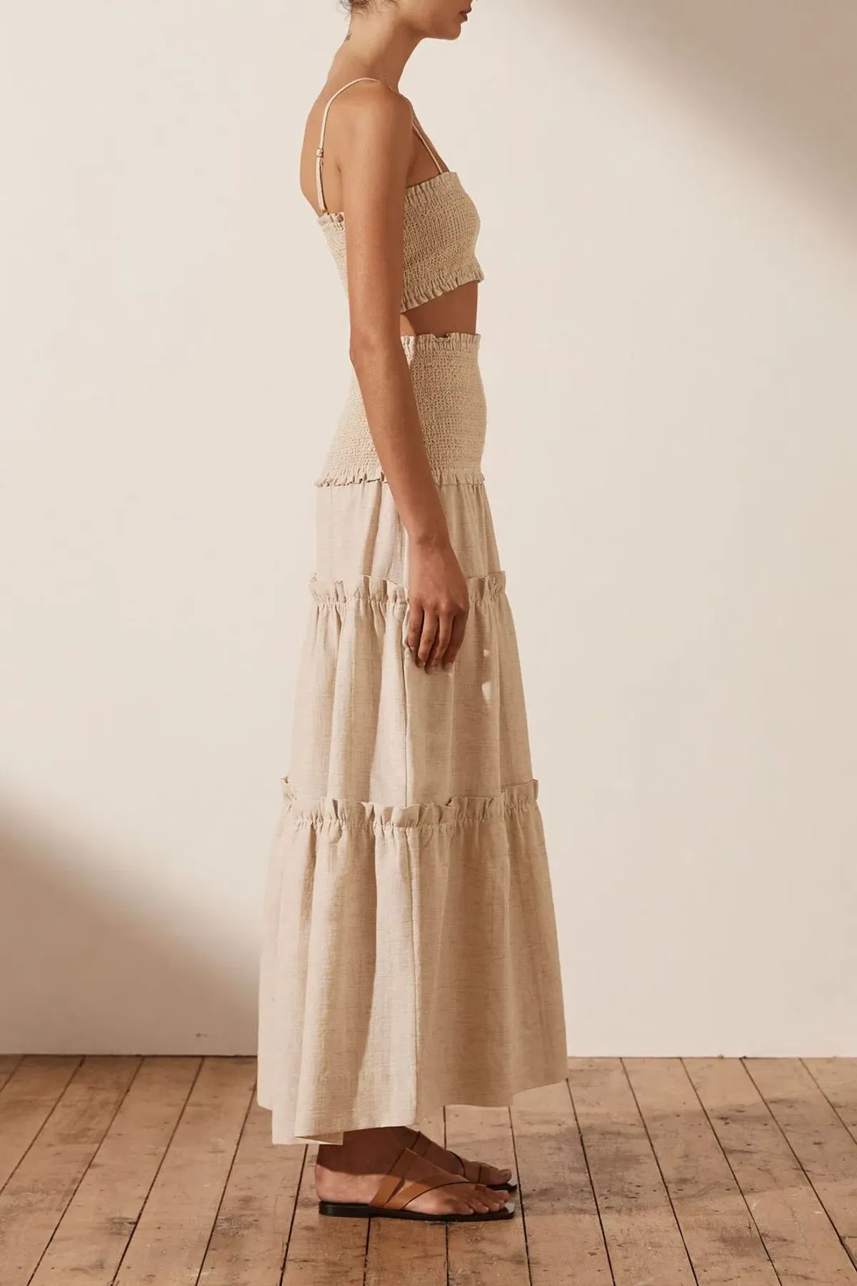 SHONA JOY Fiona Shirred Bralette and Tiered Midi Skirt Set CREAM Size AU 6 - Image 4