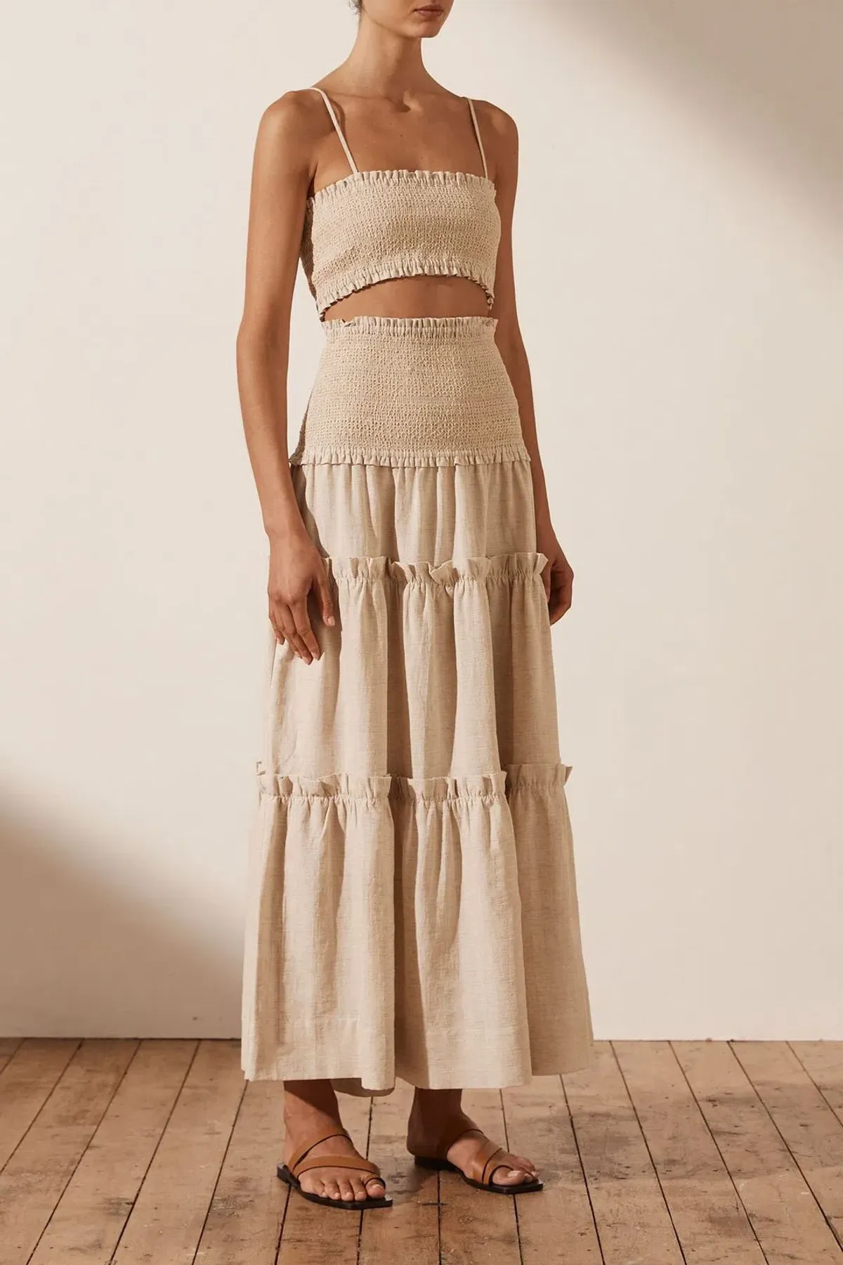 SHONA JOY Fiona Shirred Bralette and Tiered Midi Skirt Set CREAM Size AU 6 - Image 2