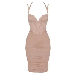 House of CB Dress Josephine Pleated Corset Midi Dress Taupe Size 10 for rent on The Volte - image 3