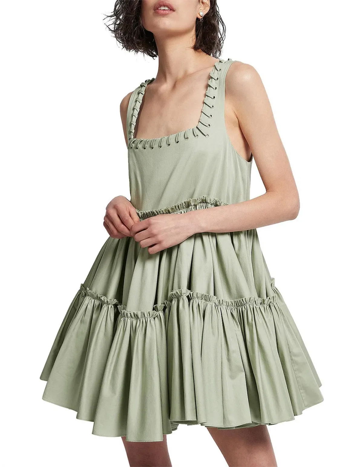 Aje Hushed Cotton Square Neck Mini Dress in Bamboo Green Size 14  - Image 1