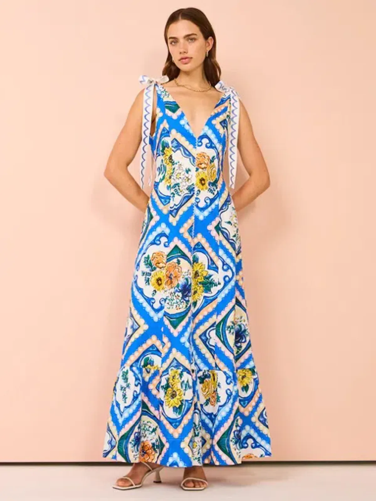 By Nicola - Adoncia Tie Shoulder Maxi Dress In Azure Floral - Size 12 - Image 1
