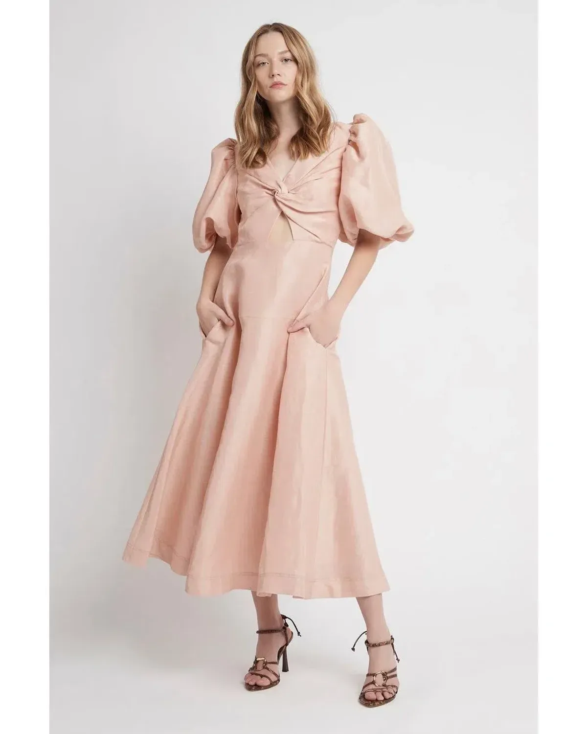 Aje Dusk Knot Puff Sleeve Midi Dress Blush Size 8 - Image 1