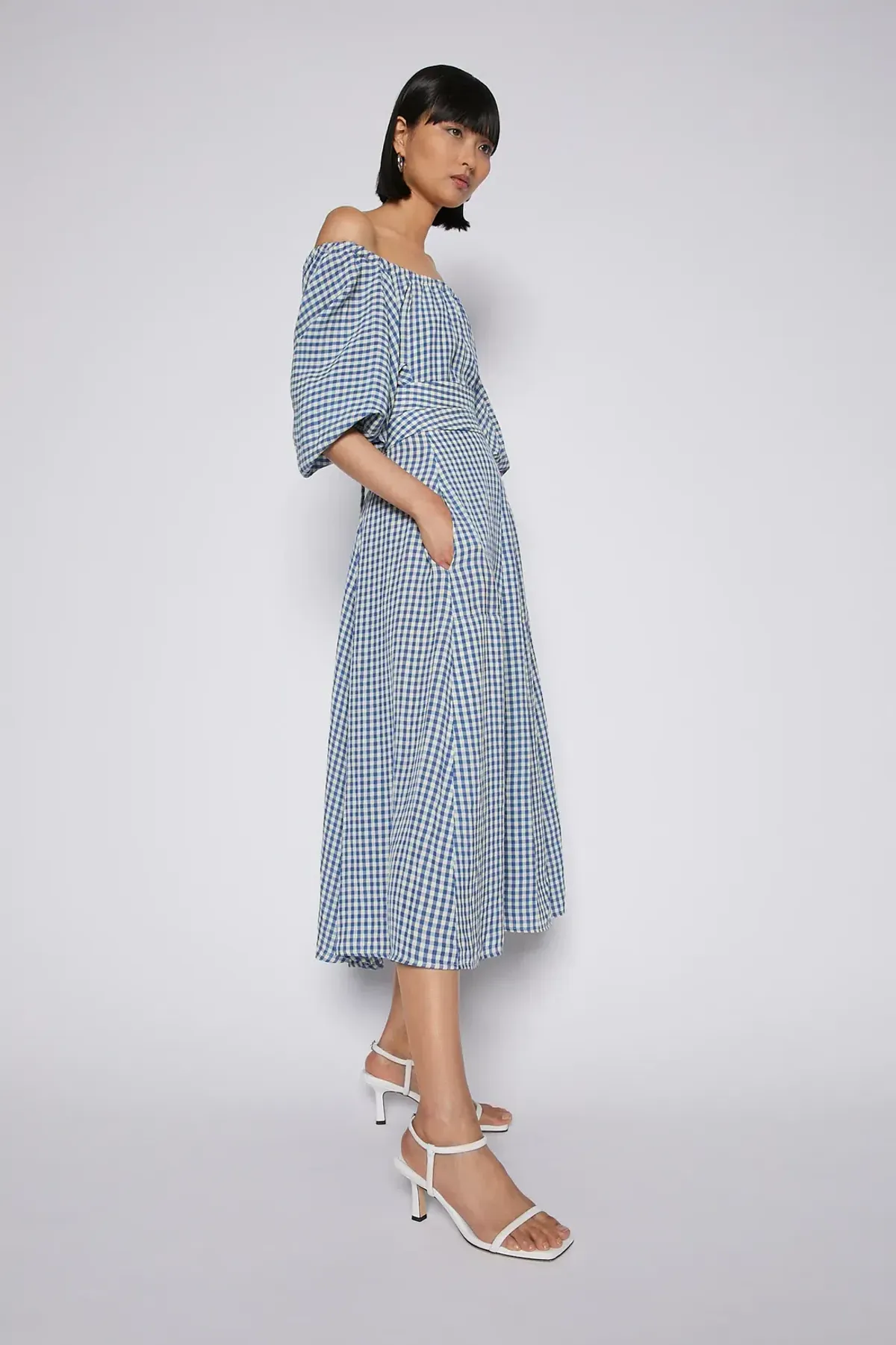 Scanlan Theodore Gingham Gathered Dress in Blue Natural Size 8 - Image 3