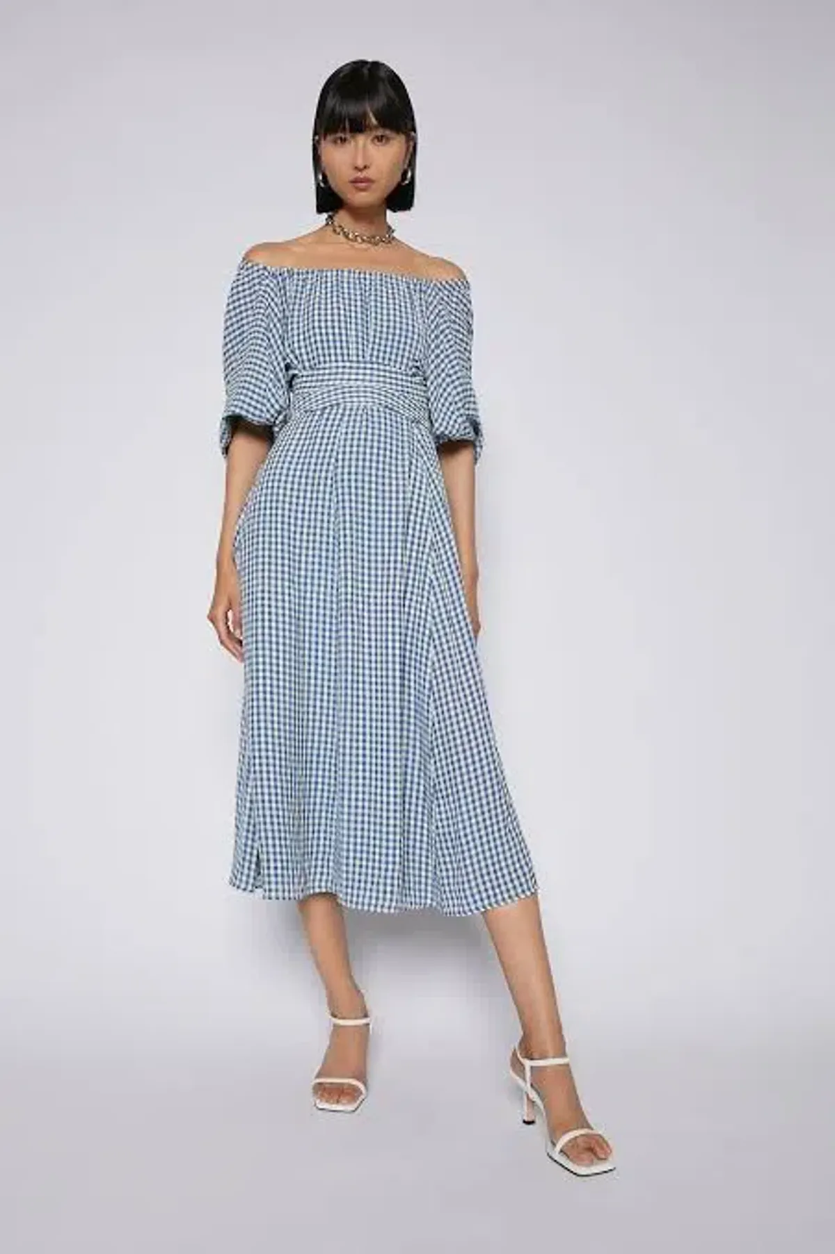 Scanlan Theodore Gingham Gathered Dress in Blue Natural Size 8 - Image 1