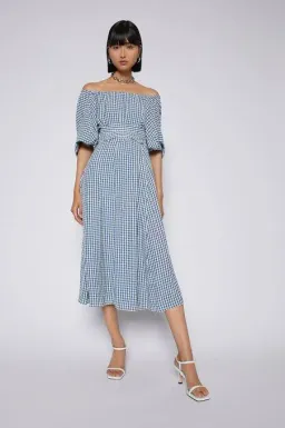 Scanlan Theodore Gingham Gathered Dress in Blue Natural Size 8 for rent on The Volte - image 1