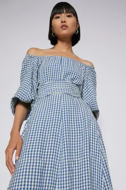 Scanlan Theodore Gingham Gathered Dress in Blue Natural Size 8 for rent on The Volte - image 2