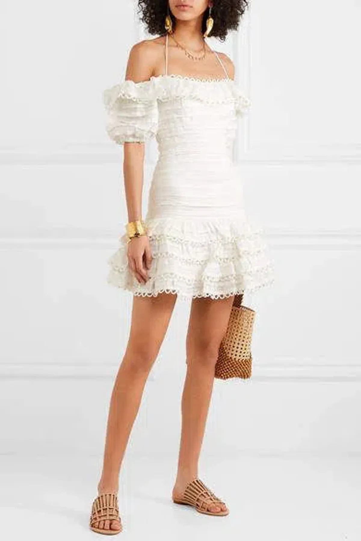 Zimmermann Allia Pintuck Off-the-soulder Ruffled Linen Mini Dress White Size 6 - Image 2