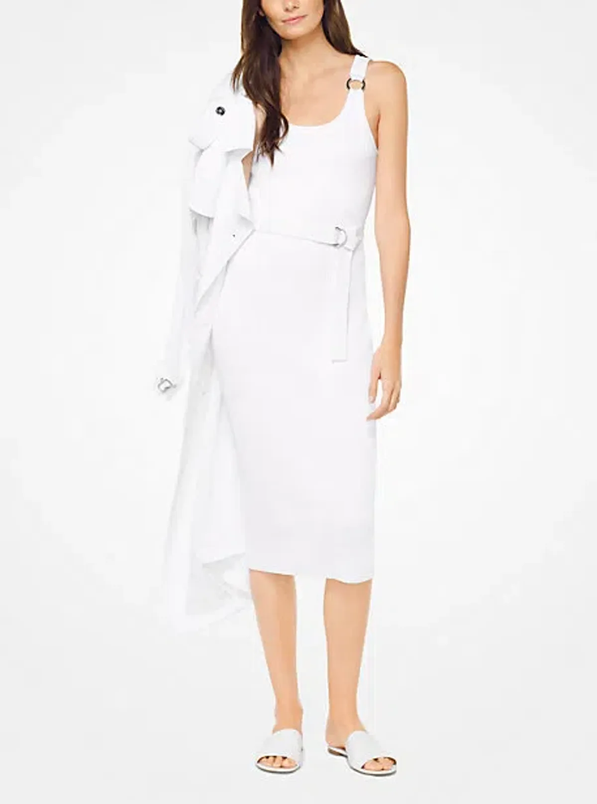 Michael Kors Belted Ribbed Knit Dress White Size M - Image 1