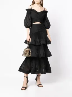 Zimmermann Pleated Off Shoulder Top & Pleated Midi Skirt Set Black Size 6 for rent on The Volte - image 1