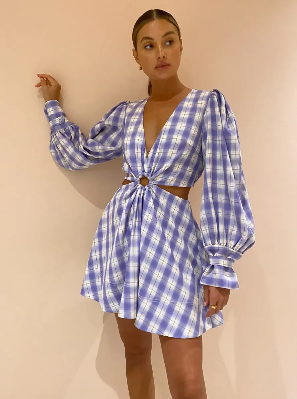 By Nicola Chevron Mini Dress in Grape Plaid Print Size 8 - Image 3