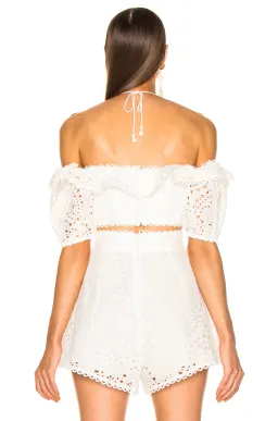 Zimmermann Heathers Off Shoulder Top and High Waisted Short Set Ivory Size 0 / AU 8 for rent on The Volte - image 3