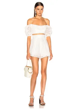 Zimmermann Heathers Off Shoulder Top and High Waisted Short Set Ivory Size 0 / AU 8 for rent on The Volte - image 1