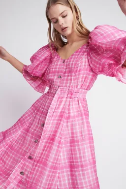 Aje Bungalow Puff Sleeve Midi Pink Check Print Size 10 for rent on The Volte - image 4