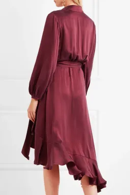 Zimmermann Asymmetric Washed Silk Wrap Midi Dress Burgundy Size 12 for rent on The Volte - image 2