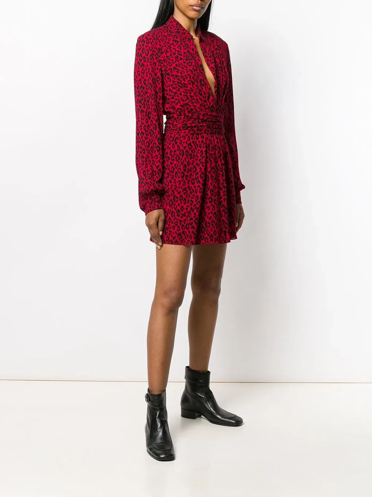 Saint Laurent Long Sleeve Leopard Mini Dress In Red & Black Size 8  - Image 1
