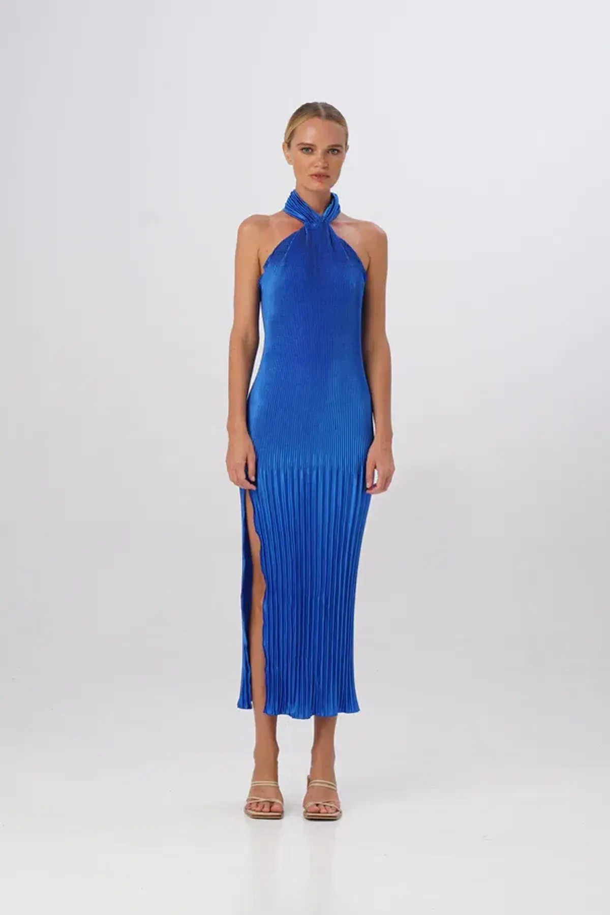 L'Idee The Soirée Pleated Halter Gown MOROCCAN Blue Size 8 - Image 2