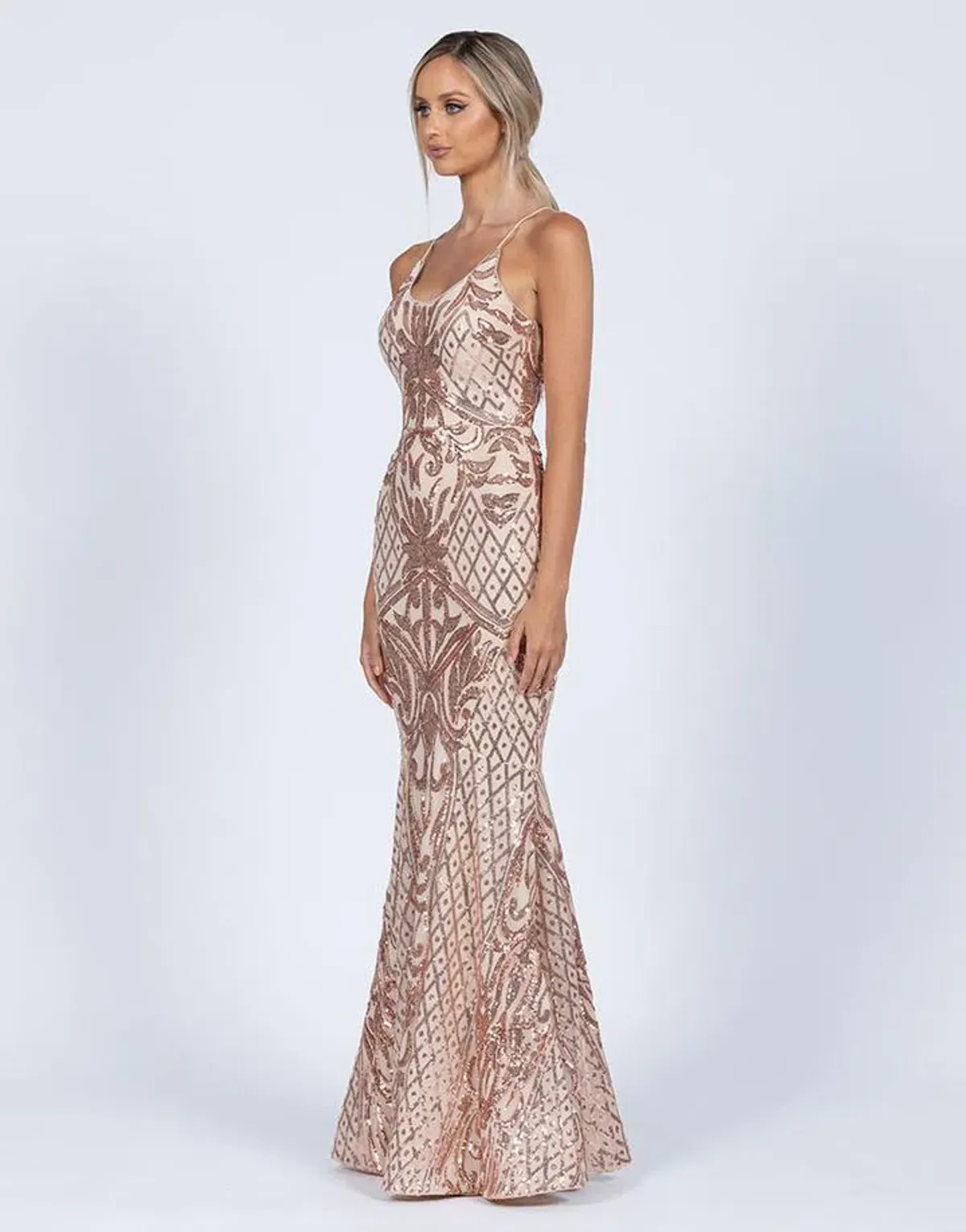 Bariano Serpentine Scoop Gown Gold Sequin Size 10 - Image 3