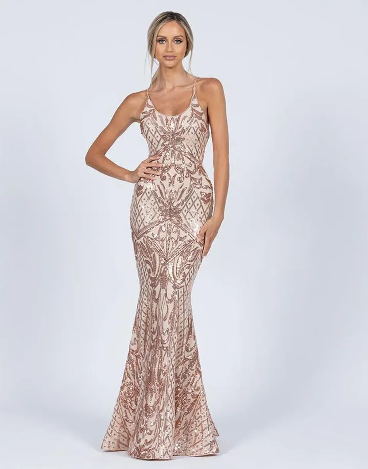 Bariano Serpentine Scoop Gown Gold Sequin Size 10 - Image 1