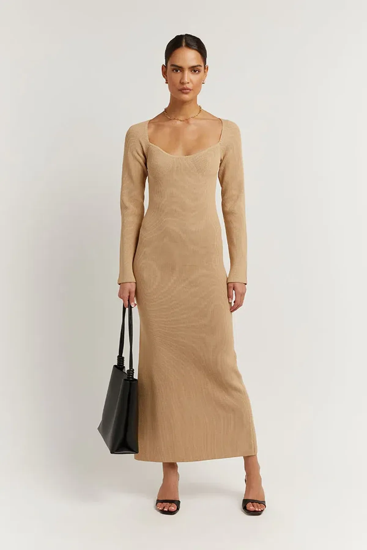 Dissh Stride Warm Wheat Knit Midi Dress Beige Size 8 - Image 3
