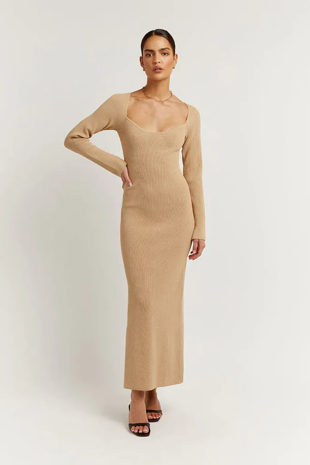 Dissh Stride Warm Wheat Knit Midi Dress Beige Size 8 - Image 1