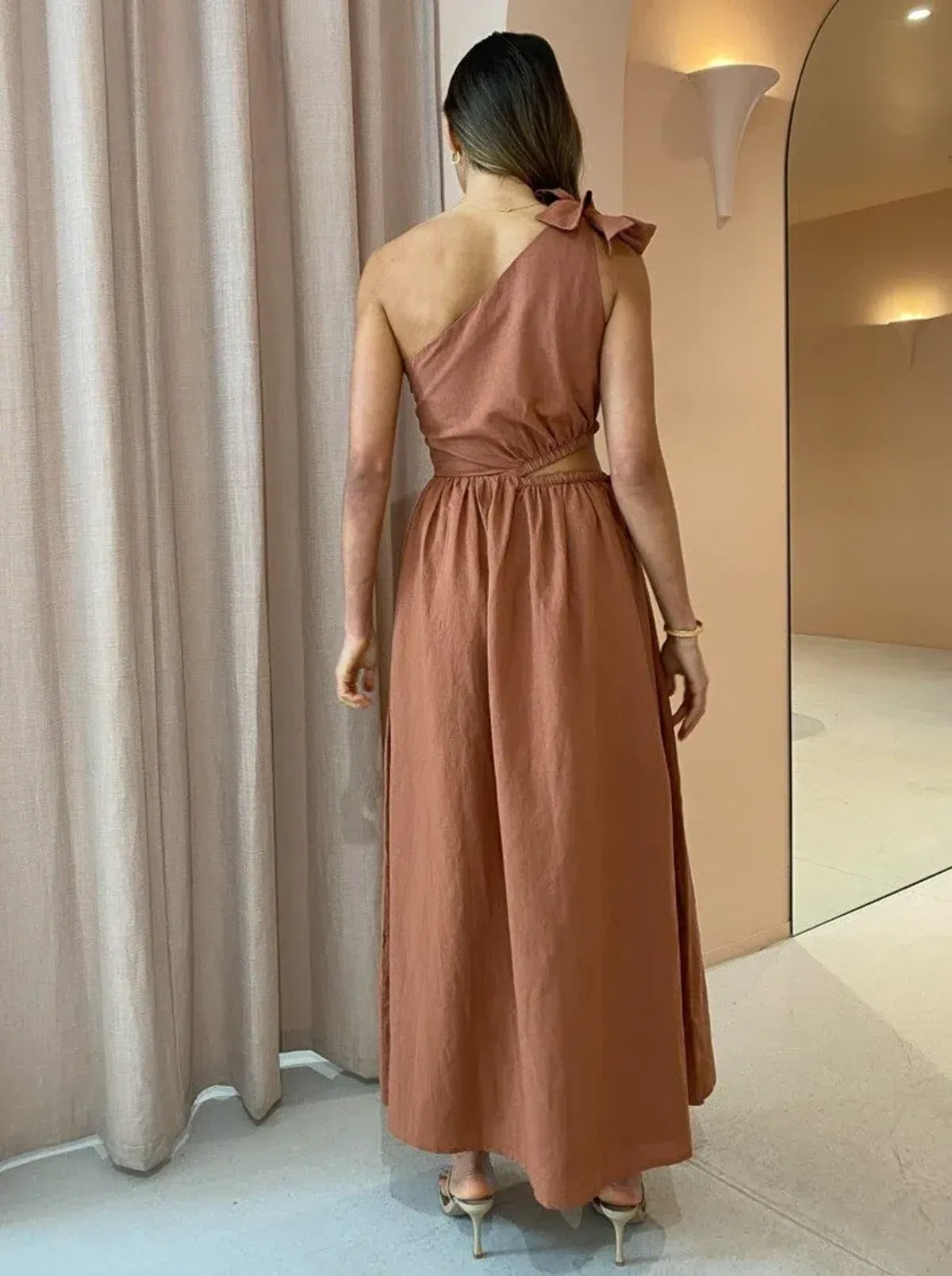 By Nicola Gabriella One Shoulder Midi Dress Desert Brown Size 6 - Image 3