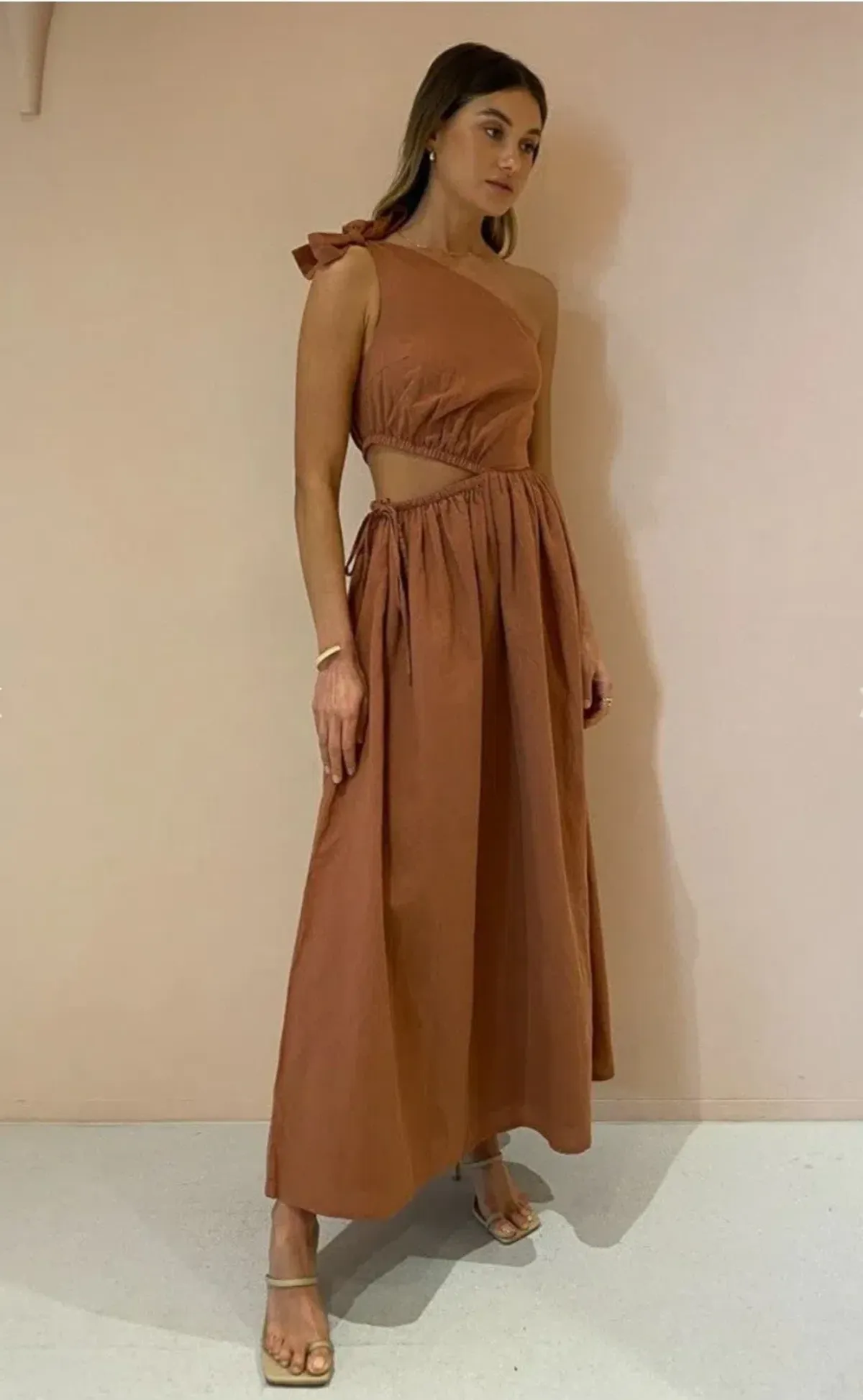 By Nicola Gabriella One Shoulder Midi Dress Desert Brown Size 6 - Image 4