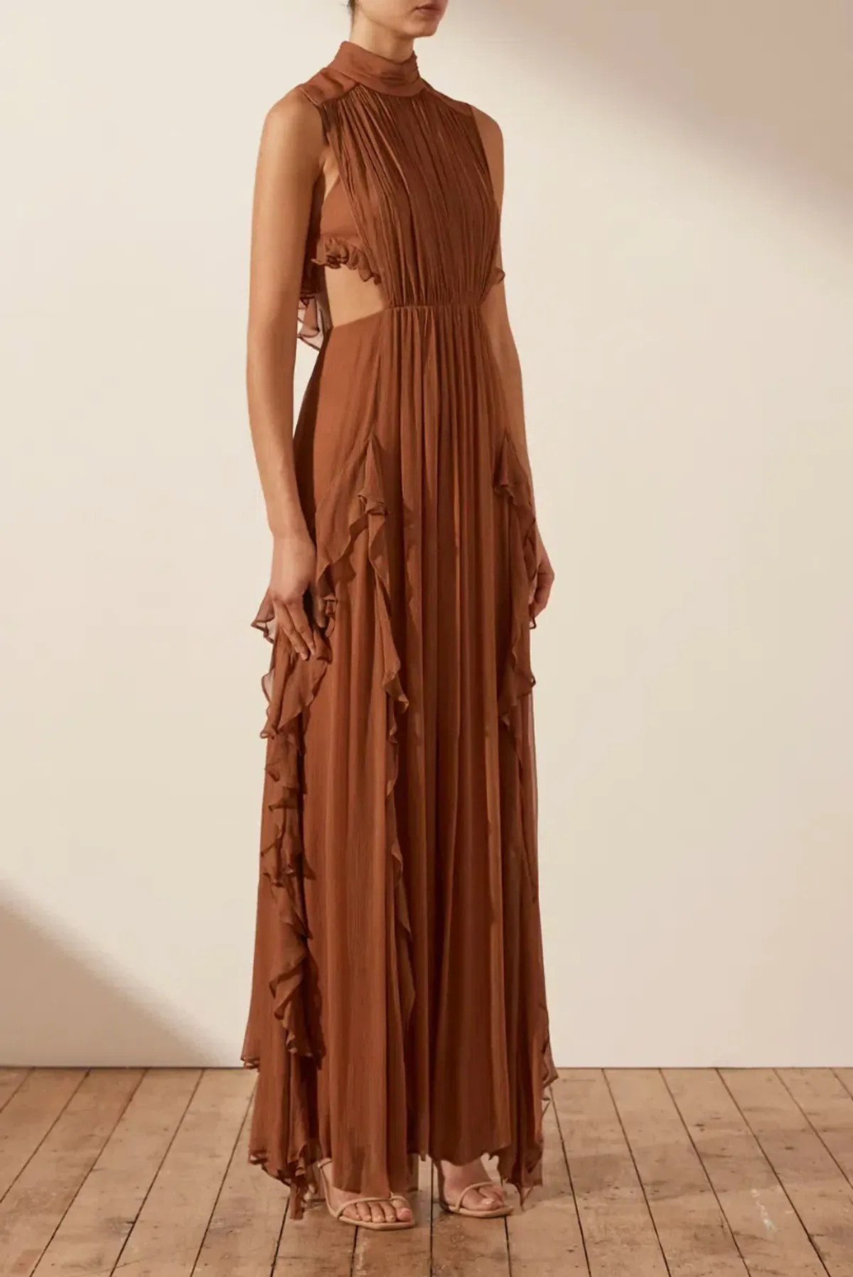 Shona Joy Leonie Backless Frill Maxi Dress in Almond Brown Size 6 - Image 2
