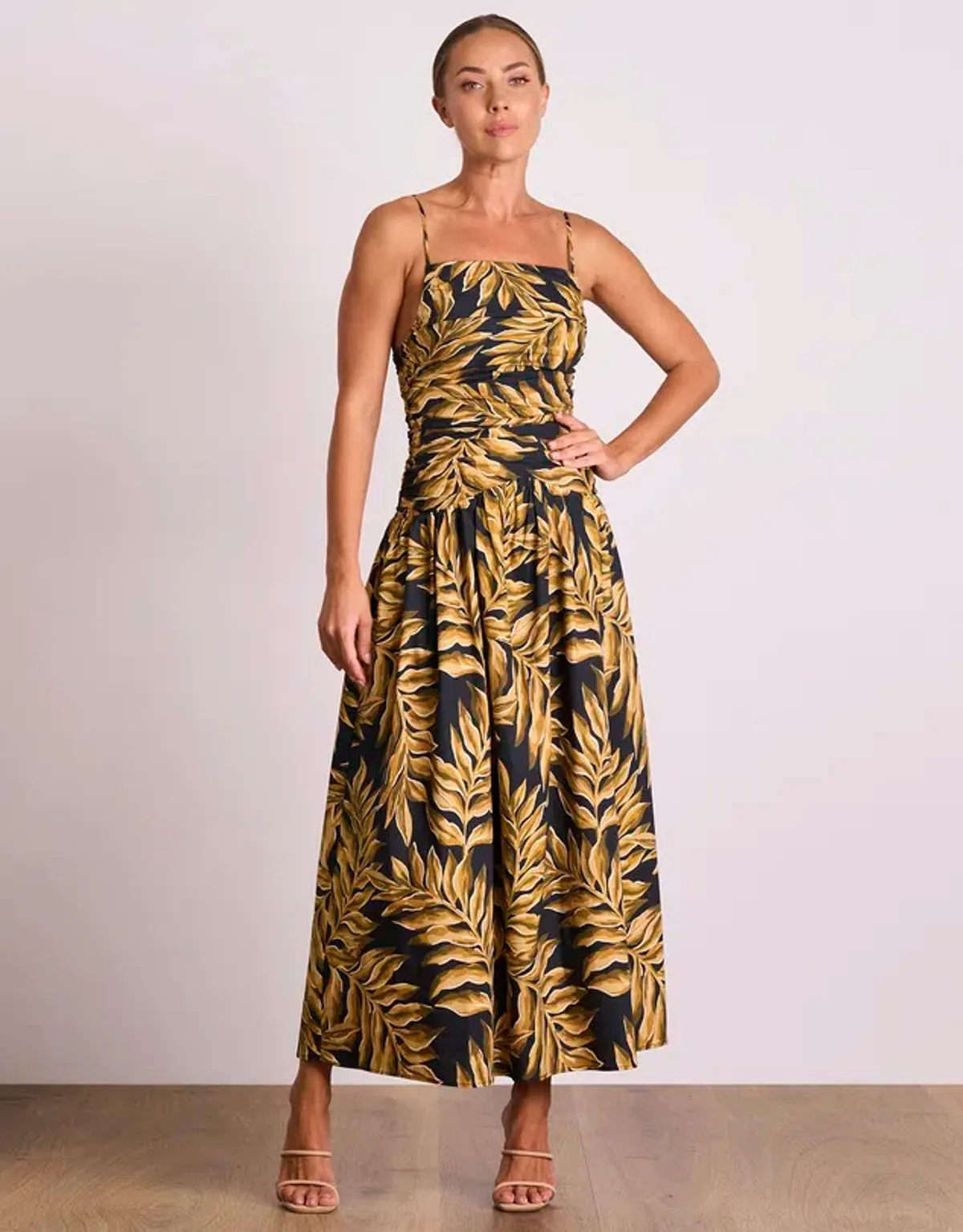 Pasduchas Elody Rouche Midi Dress Black Print Size 8 - Image 1