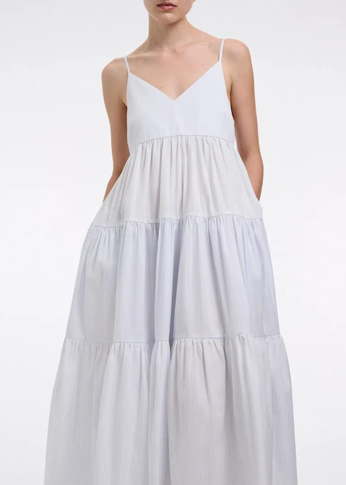 CO Collections V-Neck Tiered Dress in Cotton Blue Stripe Size S / AU 6  - Image 2