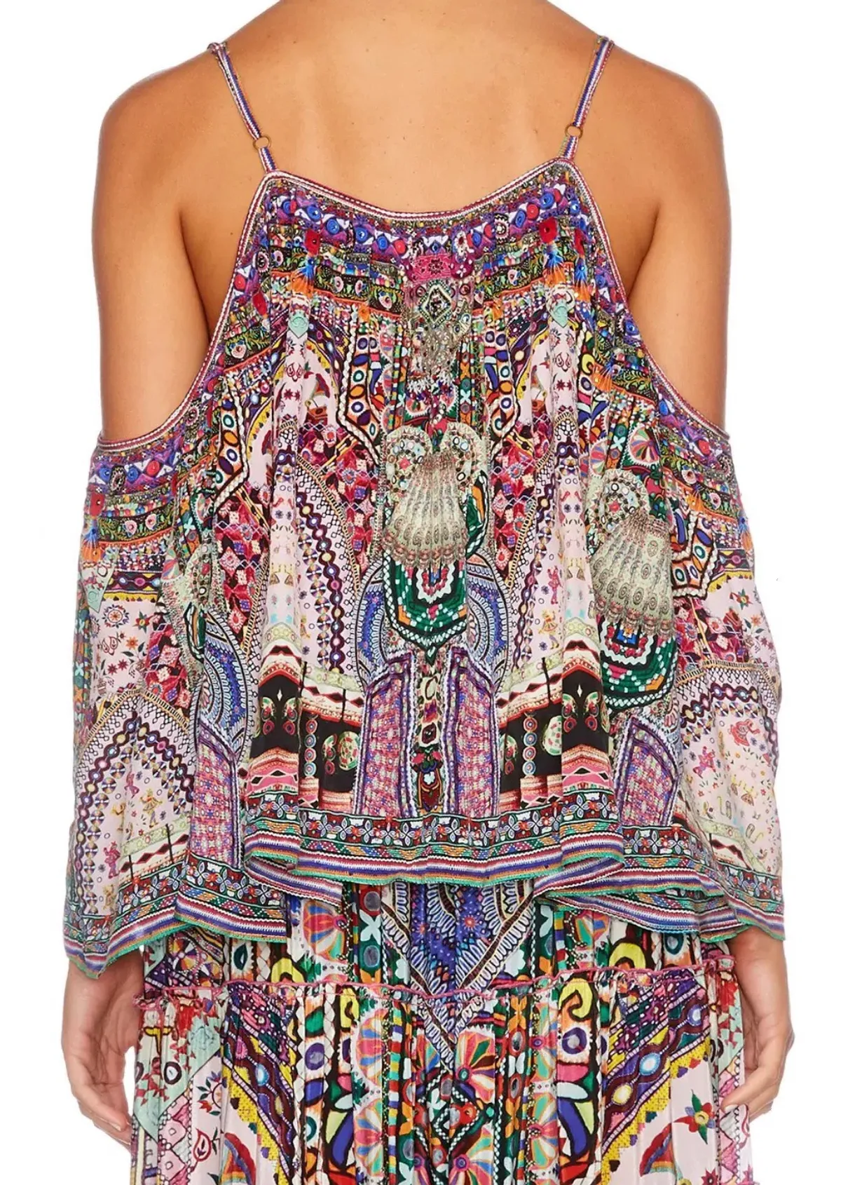 Camilla Long Sleeve Drop Shoulder Top Size XS & Tiered Hem Maxi Skirt Size L Set in Kalbelia Queen Pink Print - Image 3